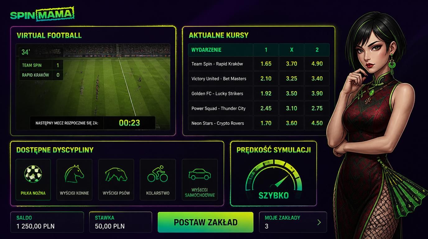 Interfejs wirtualnych sportów z tabelą kursów i ikonami dyscyplin