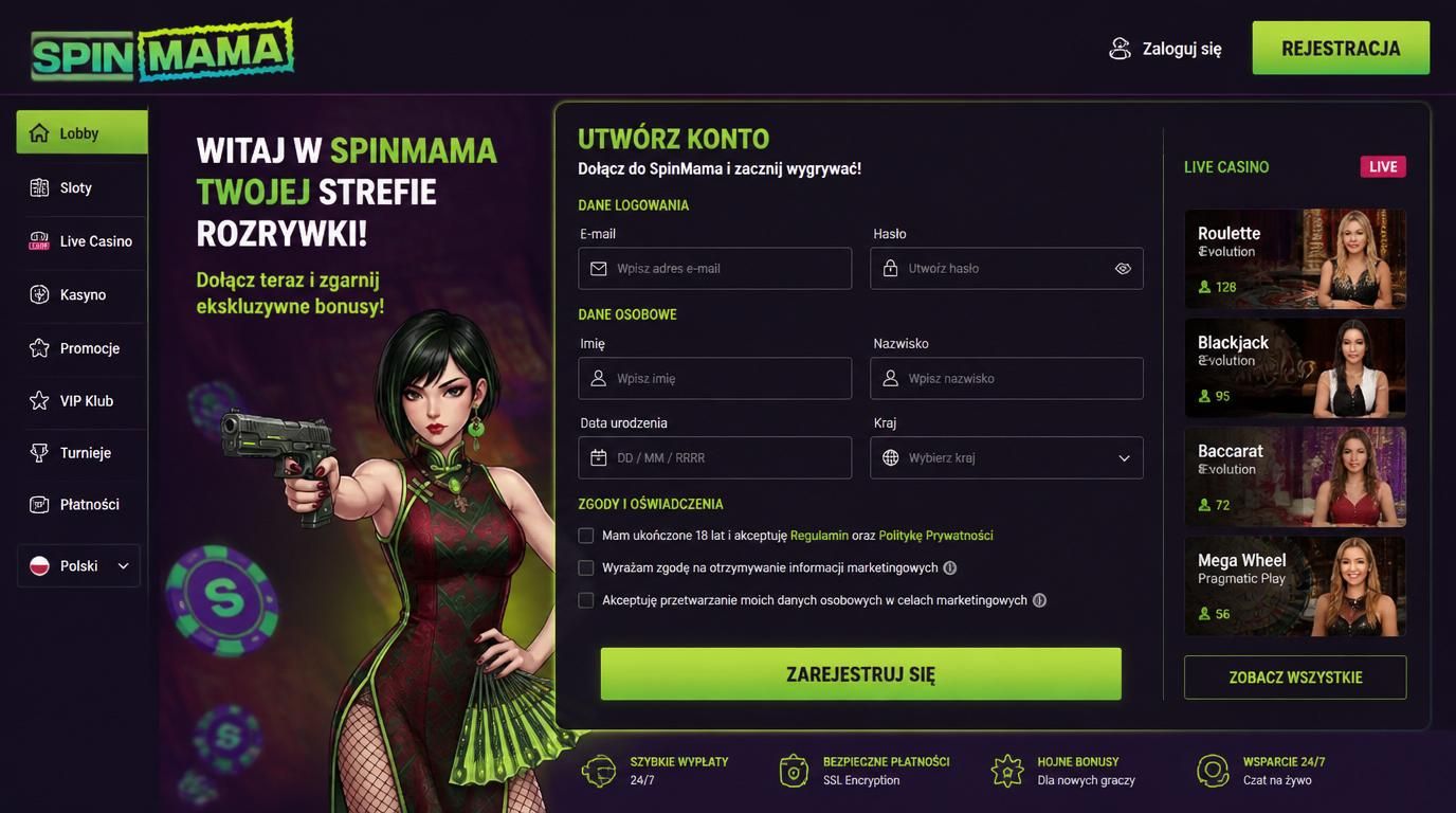 Interfejs rejestracji Spinmama z immersją Live Casino